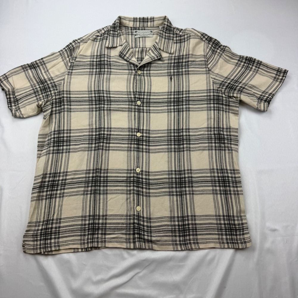 AllSaints Padres‎ Shirt Mens XL Cream Black Plaid Relaxed Fit Camp Collar SS